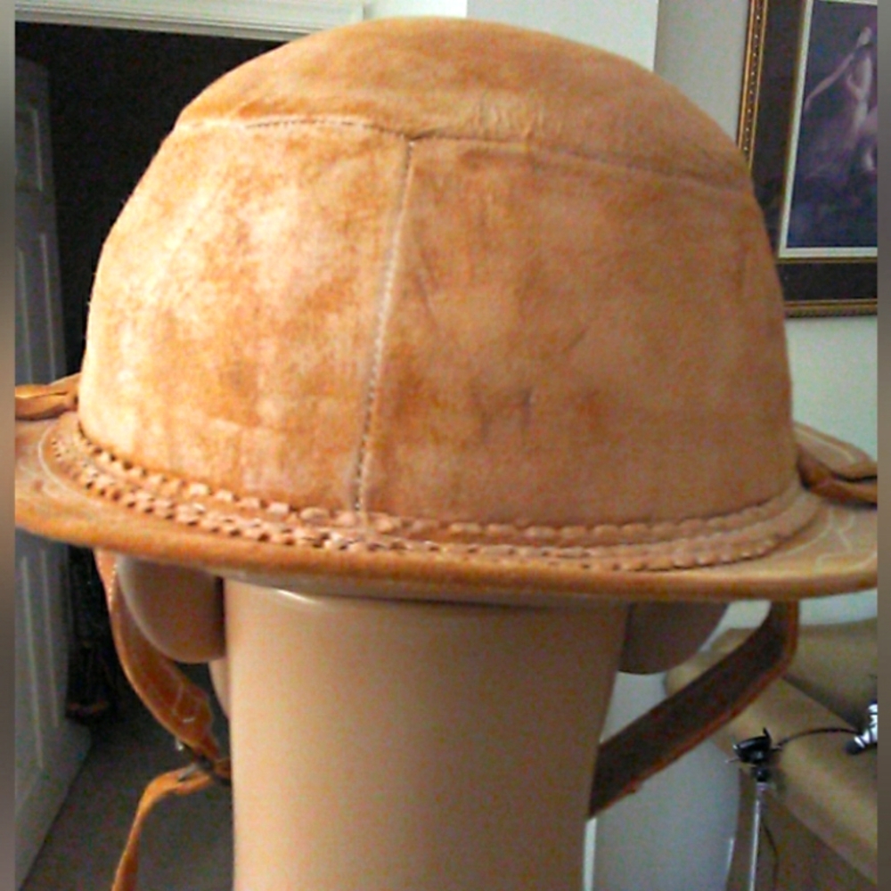 ANTIQUE/ VINTAGE LEATHER BOWLER HAT HANDMADE W/ STRAP ADJ. DECORATIVE BRIM - Picture 2 of 15